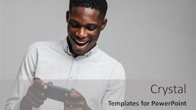  Presentation with mobile games - Presentation theme with handsome-excited-young-african-business background and a light gray colored foreground
