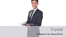  Presentation with man wear black suit - Slide set having handsome-fashion-model-elegant-man background and a light gray colored foreground