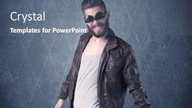  Presentation with fancy - Slide deck having handsome fashion model with beard standing in front of fancy background and making funny faces while using a vintage camera concept background and a ocean colored foreground