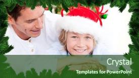  Presentation with fir tree - Amazing theme having handsome father celebrating christmas with his son against fir tree branches forming frame backdrop and a forest green colored foreground