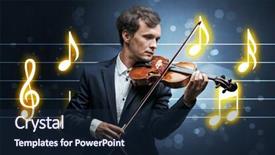  Presentation with sheet music - Audience pleasing slide set consisting of handsome fiddler playing with music backdrop and a  colored foreground