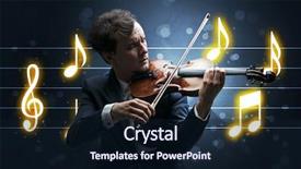  Presentation with sheet music - Colorful slide set enhanced with handsome fiddler playing with music backdrop and a  colored foreground