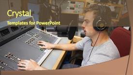  Presentation with radio 90s - Audience pleasing theme consisting of handsome focused radio host moderating backdrop and a tawny brown colored foreground