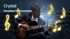  Presentation with sheet music - Audience pleasing presentation theme consisting of handsome guitarist playing with music backdrop and a  colored foreground