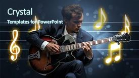 Presentation with sheet music - Presentation design enhanced with handsome guitarist playing with music background and a  colored foreground