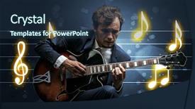  Presentation with sheet music - Amazing PPT theme having handsome guitarist playing with music backdrop and a  colored foreground