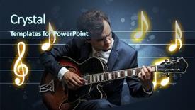  Presentation with sheet music - Cool new presentation theme with handsome guitarist playing with music backdrop and a  colored foreground