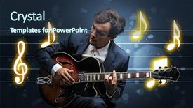  Presentation with sheet music - Cool new PPT theme with handsome guitarist playing with music backdrop and a tawny brown colored foreground