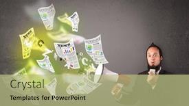  Presentation with newspapers - Slide set consisting of handsome guy yelling into loudspeaker and newspapers fly background and a mint green colored foreground