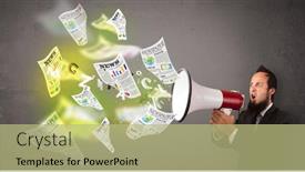  Presentation with newspapers - PPT layouts enhanced with handsome guy yelling into loudspeaker and newspapers fly background and a mint green colored foreground