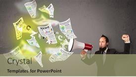  Presentation with newspapers - Colorful PPT layouts enhanced with handsome guy yelling into loudspeaker and newspapers fly backdrop and a mint green colored foreground