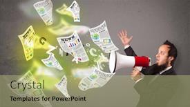  Presentation with newspapers - Beautiful presentation theme featuring handsome guy yelling into loudspeaker and newspapers fly backdrop and a mint green colored foreground