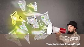  Presentation with newspapers - Presentation theme having message breaking news - handsome guy yelling into loudspeaker background and a violet colored foreground