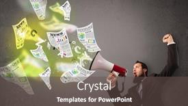  Presentation with newspapers - PPT theme having handsome guy yelling into loudspeaker and newspapers fly background and a dark gray colored foreground