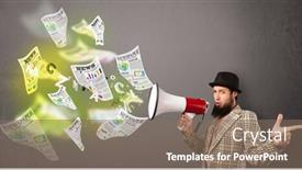  Presentation with newspapers - Beautiful theme featuring handsome guy yelling into loudspeaker and newspapers fly backdrop and a violet colored foreground