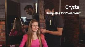  Presentation with hair salon - Slides with handsome hair stylist with client at the hair salon background and a wine colored foreground