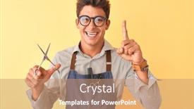  Presentation with apron - PPT theme with cut plan - handsome hairdresser man wearing apron background and a coral colored foreground