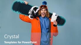  Presentation with snowboard - Colorful slide deck enhanced with handsome-happy-sportsman-holding-snowboard backdrop and a teal colored foreground