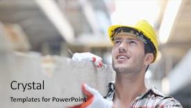  Presentation with construction site construction - PPT theme with handsome hard worker people portrait background and a light gray colored foreground