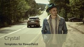  Presentation with denim - PPT layouts enhanced with handsome-hipster-man-in-denim background and a mint green colored foreground