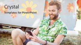  Presentation with festival music - Presentation theme having handsome hipster using his smart phone at a music festival background and a lemonade colored foreground