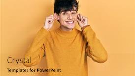  Presentation with ears - PPT layouts having handsome-hipster-young-man-wearing background and a gold colored foreground
