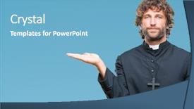  Presentation with hand palm - Cool new PPT layouts with handsome hispanic catholic priest man backdrop and a  colored foreground