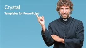  Presentation with what is thing used in looking for far object - Colorful slide deck enhanced with handsome hispanic catholic priest man backdrop and a light blue colored foreground