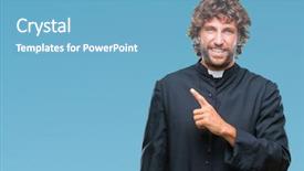 Presentation with catholic pray - Colorful slide deck enhanced with handsome hispanic catholic priest man backdrop and a light blue colored foreground
