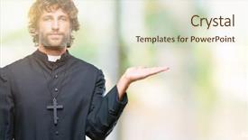  Presentation with hand palm - PPT theme enhanced with handsome hispanic catholic priest man background and a soft green colored foreground