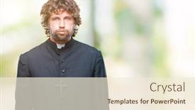  Presentation with catholic - Cool new PPT theme with handsome hispanic catholic priest man over isolated background puffing cheeks with funny face mouth inflated with air crazy expression backdrop and a cream colored foreground