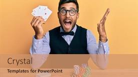  Presentation with poker chips - Presentation theme enhanced with handsome-hispanic-croupier-man-sitting background and a coral colored foreground