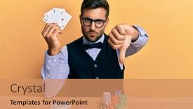  Presentation with poker chips - Slides enhanced with handsome-hispanic-croupier-man-sitting background and a coral colored foreground