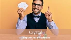  Presentation with poker chips - Cool new PPT theme with handsome-hispanic-croupier-man-sitting backdrop and a coral colored foreground