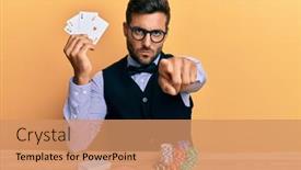  Presentation with poker chips - Audience pleasing slides consisting of handsome-hispanic-croupier-man-sitting backdrop and a coral colored foreground
