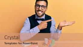  Presentation with poker chips - Slides enhanced with handsome-hispanic-croupier-man-sitting background and a coral colored foreground