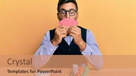  Presentation with poker chips - Presentation theme with handsome-hispanic-croupier-man-sitting background and a coral colored foreground