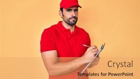  Presentation with beard - Slide deck having handsome-hispanic-delivery-man background and a coral colored foreground