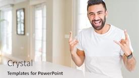  Presentation with rock music - Audience pleasing slide set consisting of handsome hispanic man casual white t-shirt at home shouting with crazy expression doing rock symbol with hands up music star heavy concept backdrop and a soft green colored foreground