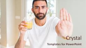  Presentation with cellophane bags as healthy - Presentation theme featuring handsome hispanic man drinking healthy background and a  colored foreground