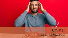 Presentation with man head in hands - PPT theme featuring handsome-hispanic-man-eating-tasty background and a red colored foreground