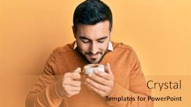  Presentation with coffee cup - Slide set featuring handsome-hispanic-man-enjoying background and a yellow colored foreground