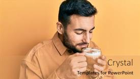  Presentation with coffee cup - Slides consisting of handsome-hispanic-man-enjoying background and a coral colored foreground