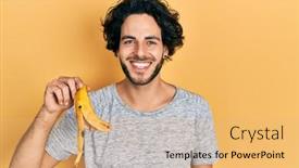 Presentation with banana - Slide deck consisting of handsome-hispanic-man-holding-banana background and a yellow colored foreground