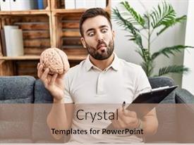  Presentation with brain - Presentation theme having handsome-hispanic-man-holding-brain background and a coral colored foreground