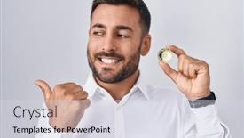  Presentation with cryptocurrency - Slides featuring handsome-hispanic-man-holding-cardano background and a  colored foreground