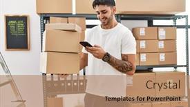  Presentation with cardboard - Slide deck with handsome-hispanic-man-holding-cardboard background and a coral colored foreground