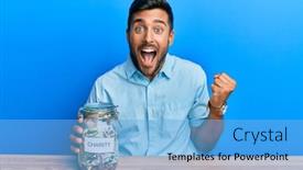  Presentation with charity - PPT theme featuring handsome-hispanic-man-holding-charity background and a light blue colored foreground