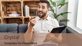  Presentation with hispanic - Slide set enhanced with handsome-hispanic-man-holding-clipboard background and a coral colored foreground