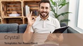  Presentation with hispanic - PPT theme enhanced with handsome-hispanic-man-holding-clipboard background and a coral colored foreground